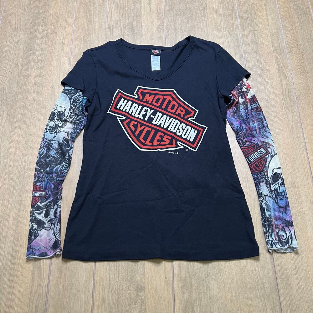 Y2K Harley Davidson Sz M Black Logo Tattoo Long Sleeve Las Vegas Made in USA